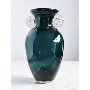 Pier 1 Heavy Deep Teal Glass Vase W/Clear Handles 10" Tall